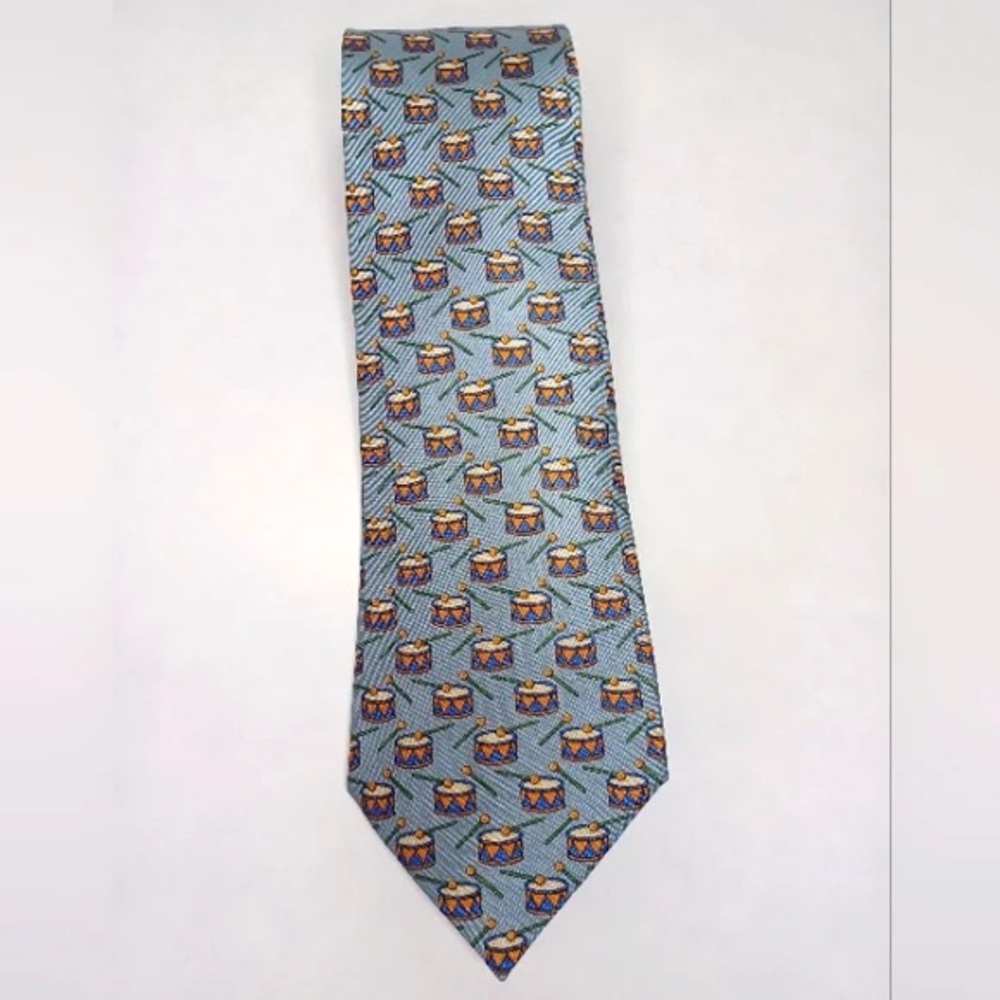 LIKE NEW! Hermes Light Blue Geometric  Drums Pattern Men's Tie